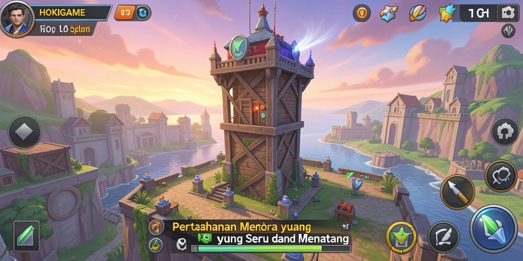 Tangkapan layar gameplay HOKIGAME menunjukkan menara pertahanan yang sedang beraksi.