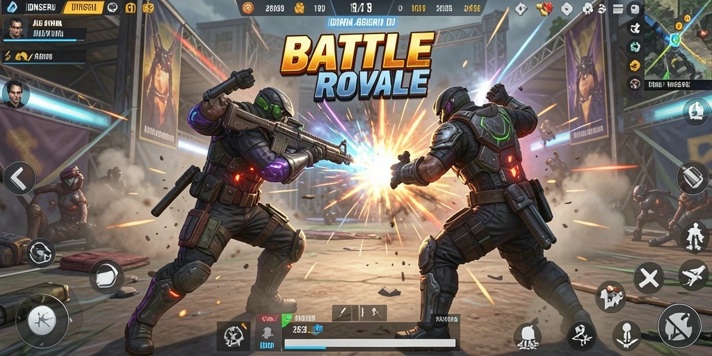 Screenshot gameplay IDNSERU menampilkan aksi seru di arena battle royale.