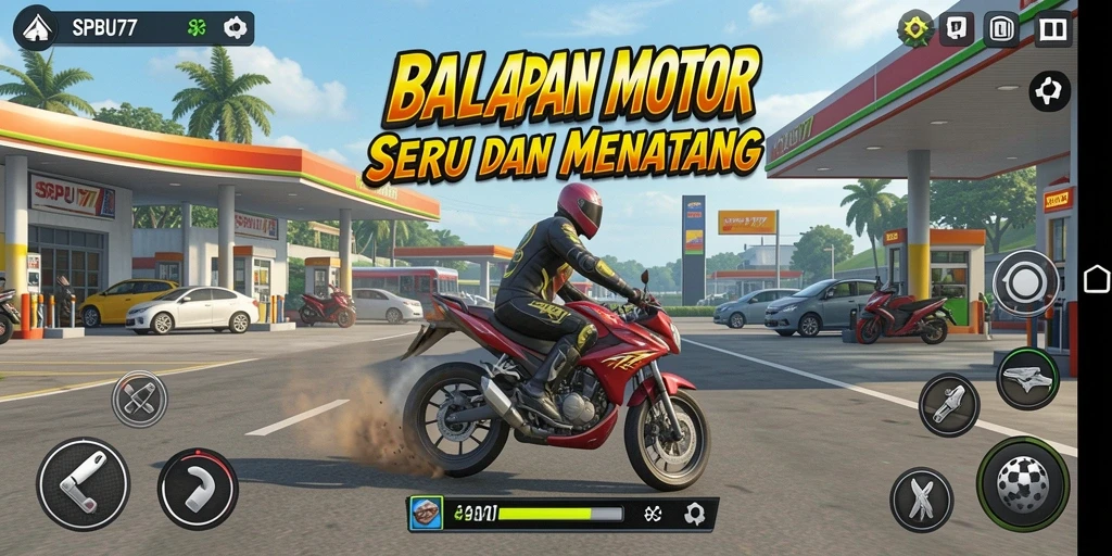 Tangkapan layar SPBU77 menampilkan aksi balapan motor yang mendebarkan.