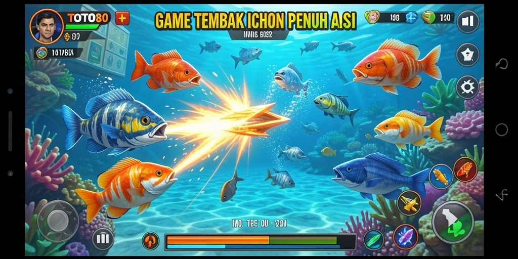 Menampilkan gameplay Tembak Ikan yang seru dan penuh warna.